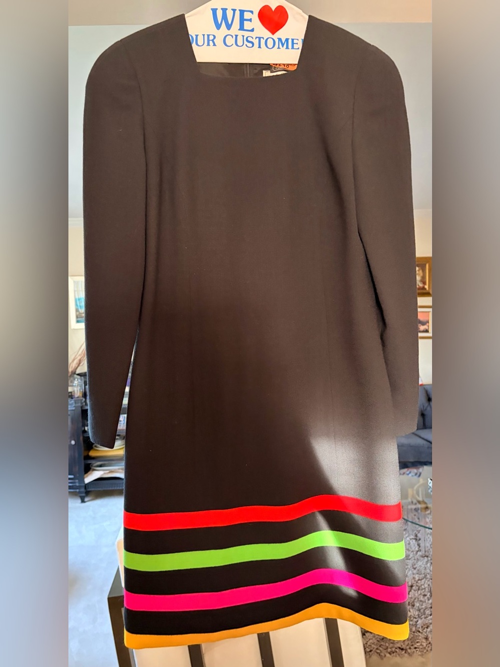 Carolina Herrera Black Dress with Neon Pink, Green, Yellow and Orange Stripes